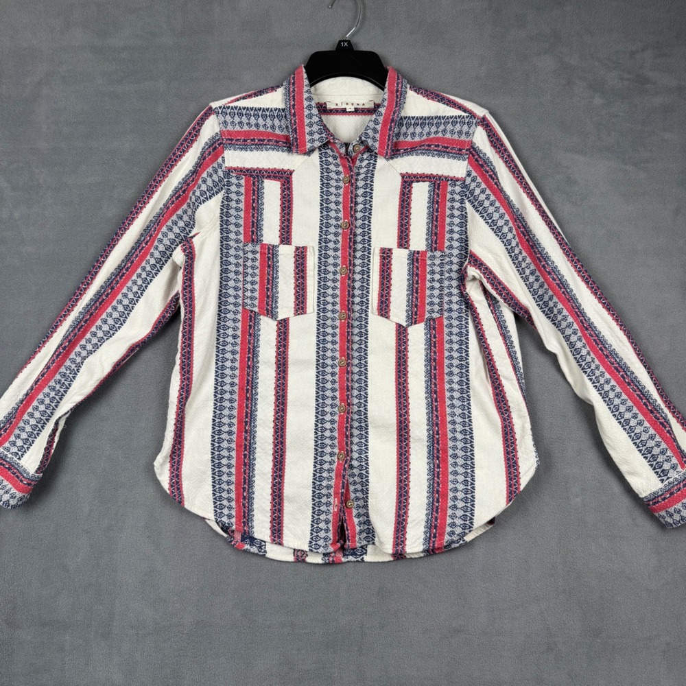 Xirena Womens Small Cotton Southwestern Stripe Button Down Shirt Red Blue White